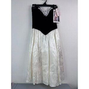 Gunne Sax Jessica McClintock‎ vintage 7 strapless black velvet ivory satin dress
